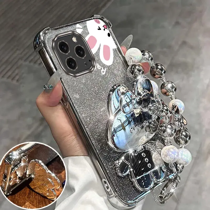 Airbag Glitter Mirror Rabbit Phone Holder Case On For iPhone 16 15 14 13 12 11 Xs Pro Max Mini X XR Plus Anti-knock Stand Cover
