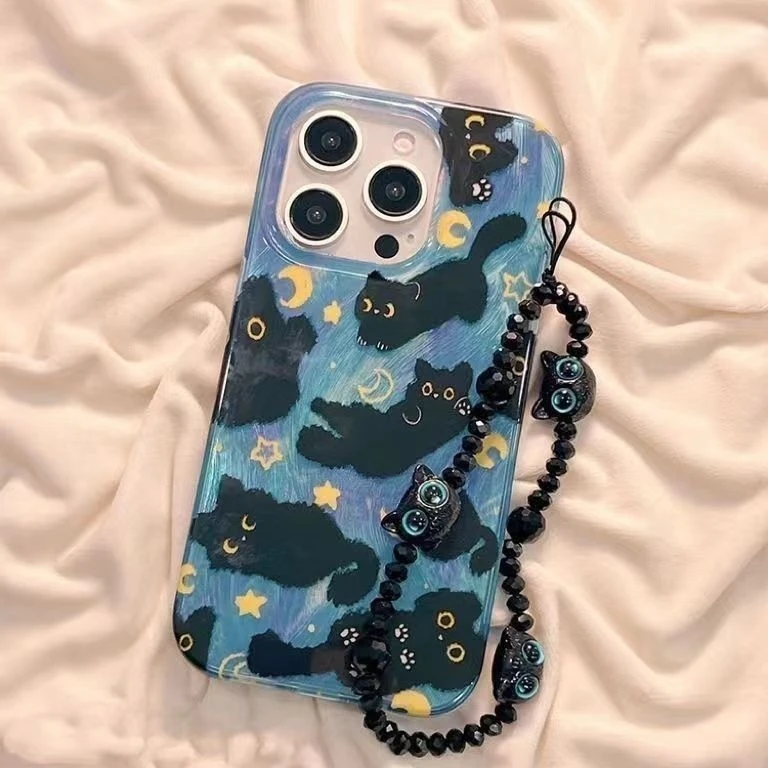 Cartoon Dreamy Moon Cute Cat Doodle Phone Case for Samsung Galaxy S25 S24 S23 S22 FE Ultra Plus 4G 5G Feather Texture Back Cover - náhled 3