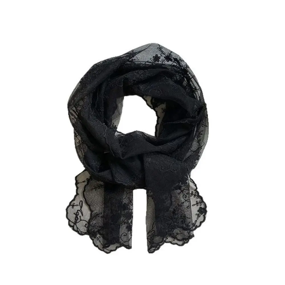 

Fashion Long Lace Scarf Breathable Flower Embroidered Neck Protection Scarf Solid Color Lightweight Sunscreen Lace Shawl Summer