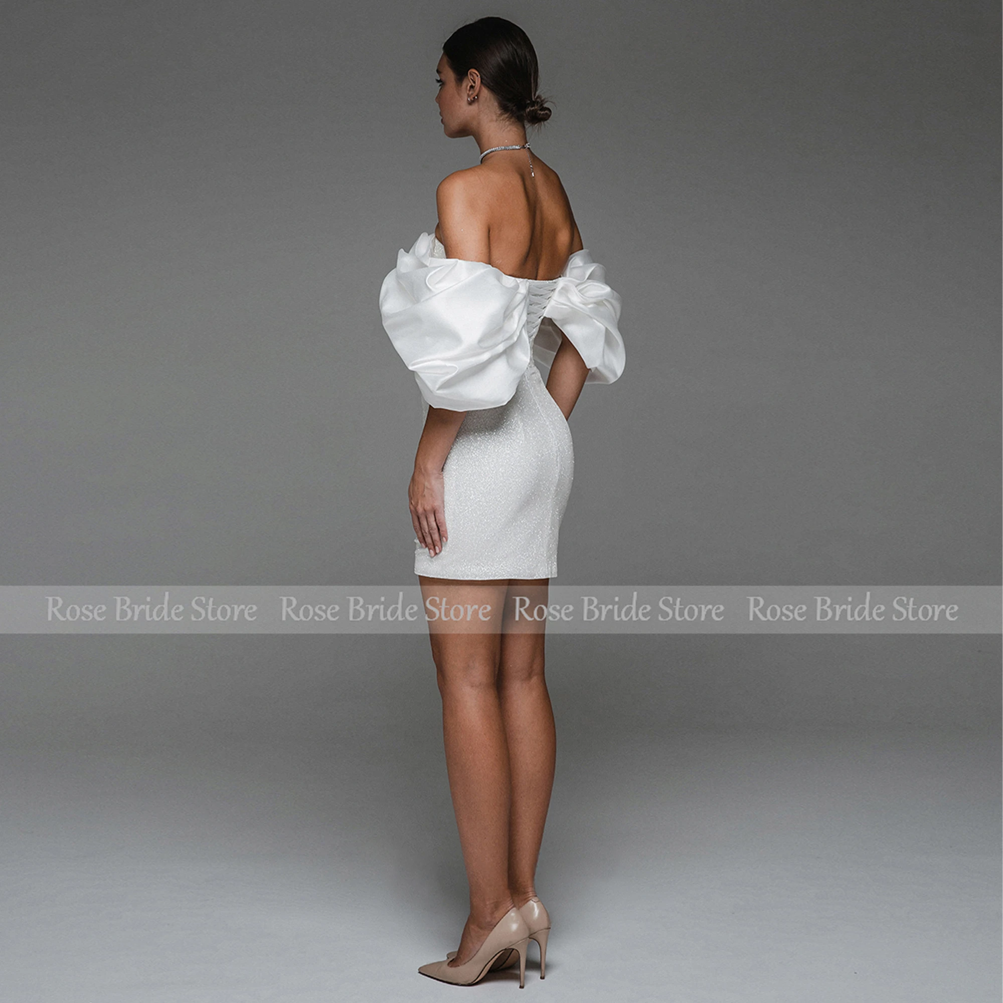 Short Wedding Dress for Bride White Off the Shoulder Mini  Gown Women 2023 Sheath/Column Backless Glitter Bridal Dresses