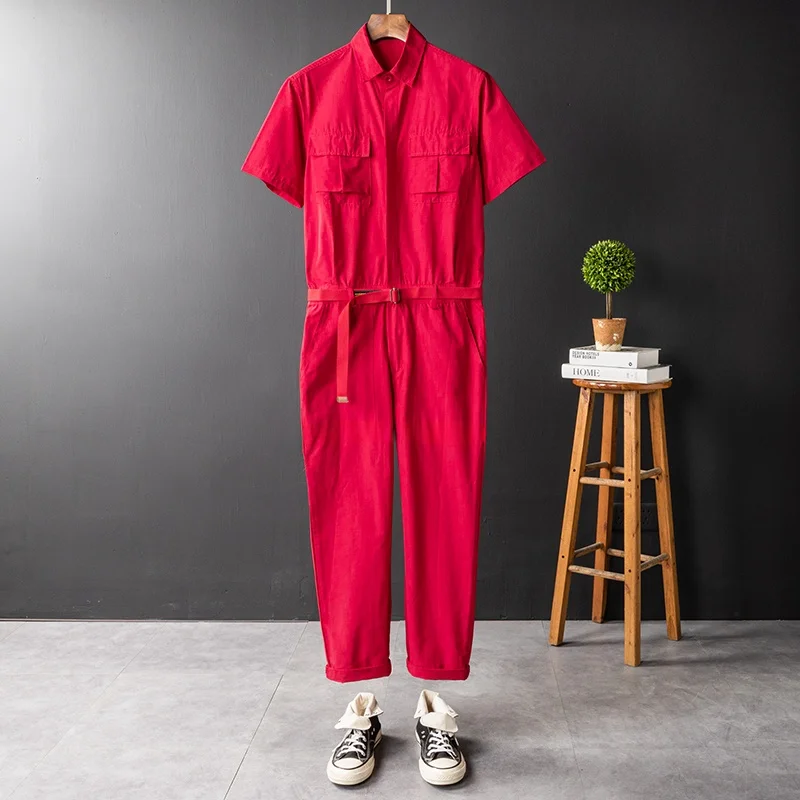 

Summer Thin ort Sve Overalls Men's Performance Suit Red Street Dance Outfit Workwear Sle Youth Faion Set