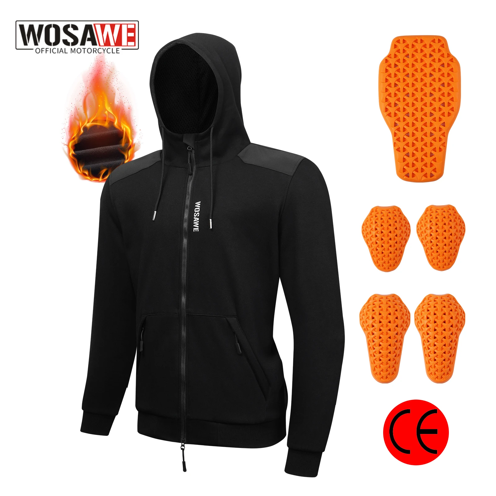 

WOSAWE Mens Motorcycle Riding Hoodie Jacket insert CE Armored Shoulder Elbow Back Protector Winter Warm Hooded Sweatshirt Zip Up