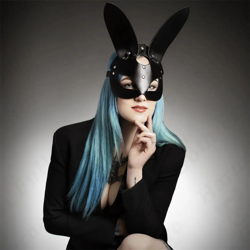 BDSM Face Harness Pu Leather Long Ears Bunny Mask Cosplay Women Fetish Sexy Carnival Festival Masquerade Party Half Eye Facewear