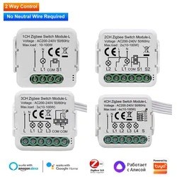 Tuya Zigbee Smart Mini Switch Module - No Neutral Wire Required 2-Way Control 1/2/3/4 Gang Compatible with Alexa Google Home Zig