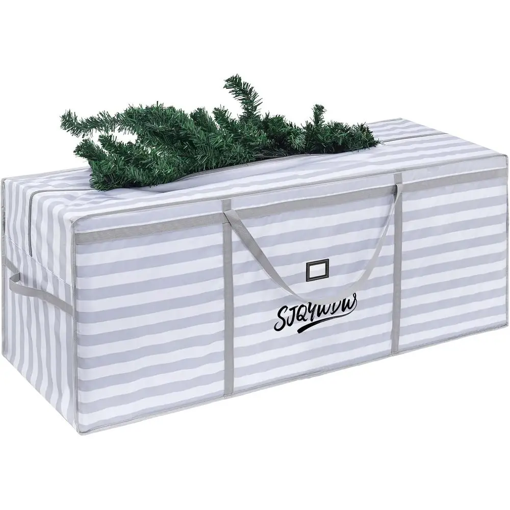 

Сумка для хранения искусственной рождественской елки длиной 9 футов, ткань Оксфорд 600D, многоразовое использование с двойными сетчатыми карманами, 65x18x27 дюймов, серо-белые полосы