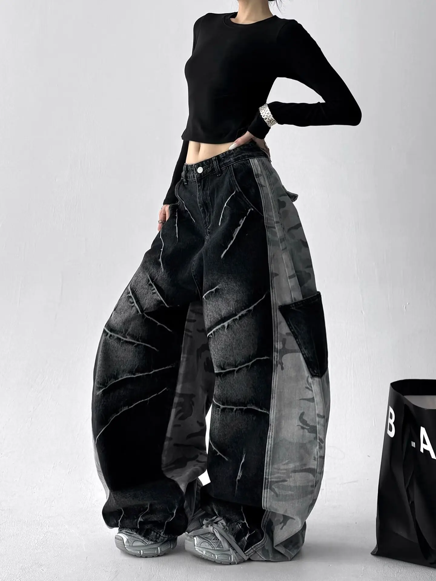 2026 Harajuku Y2K Fashion Vintage Black Patchwork Baggy Women's Jeans Pants Wide Leg Woman Clothing Casual Cotton Denim Trousers