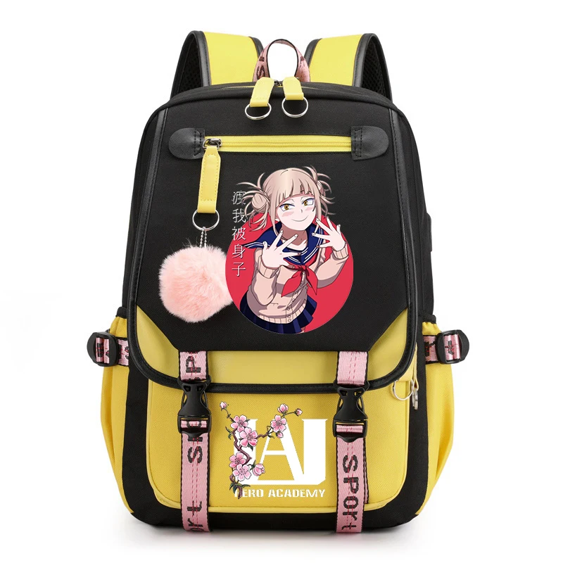 My foreAcademia Toga HimATM Sac à dos en toile antivol pour femme, sac à livres USB Anime Kawaii, sacs d'école pour adolescents, sac de voyage pour étudiants