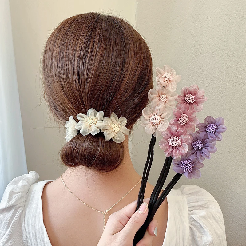 

New Women Elegant Bud Chiffon Flowers Bun Maruko Hairstyles Making Long Tools Sweet Headband Hairbands Fashion Hair Accessories