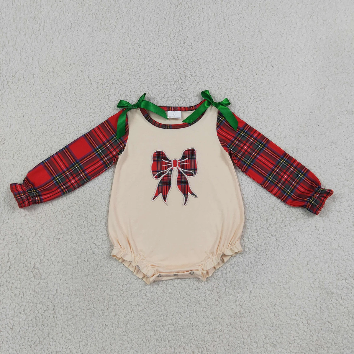 Children Clothes Girl Set Christmas Kids Clothing Baby Rompers Cute Embroidery Checkered Bows Red Green Ruffle Sibling Wholesale