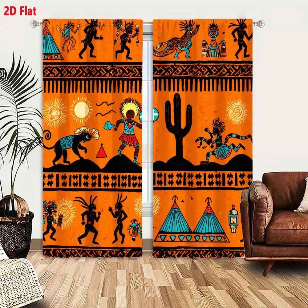 2Pcs Curtains 2D Flat Tribal-Inspired Artwork With Vibrant Orange Background Three Sections Intricate Black Borders Human-Like F