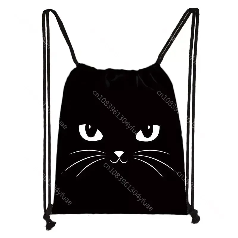 Cute  Black Cat Drawstring Bag Women Shopping Bags Canvas Travel Bag Fashion Storage Bags Teenager Girls Backpack