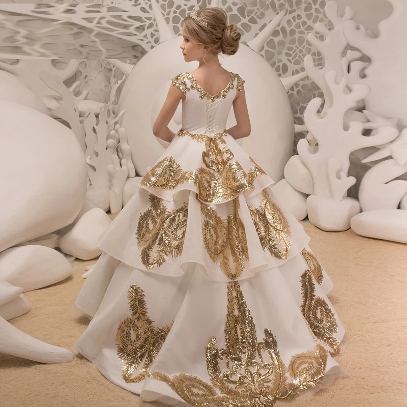 2023 New Luxury Upscale Children's Princess Model Catwalk Female Performance Gold Flower Girl Dress