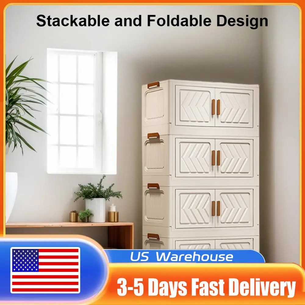 

4 Tier Collapsible Storage Bins with Doors & Wheels Foldable Organization Folding Storage Boxes for Living Room Bedroom Office