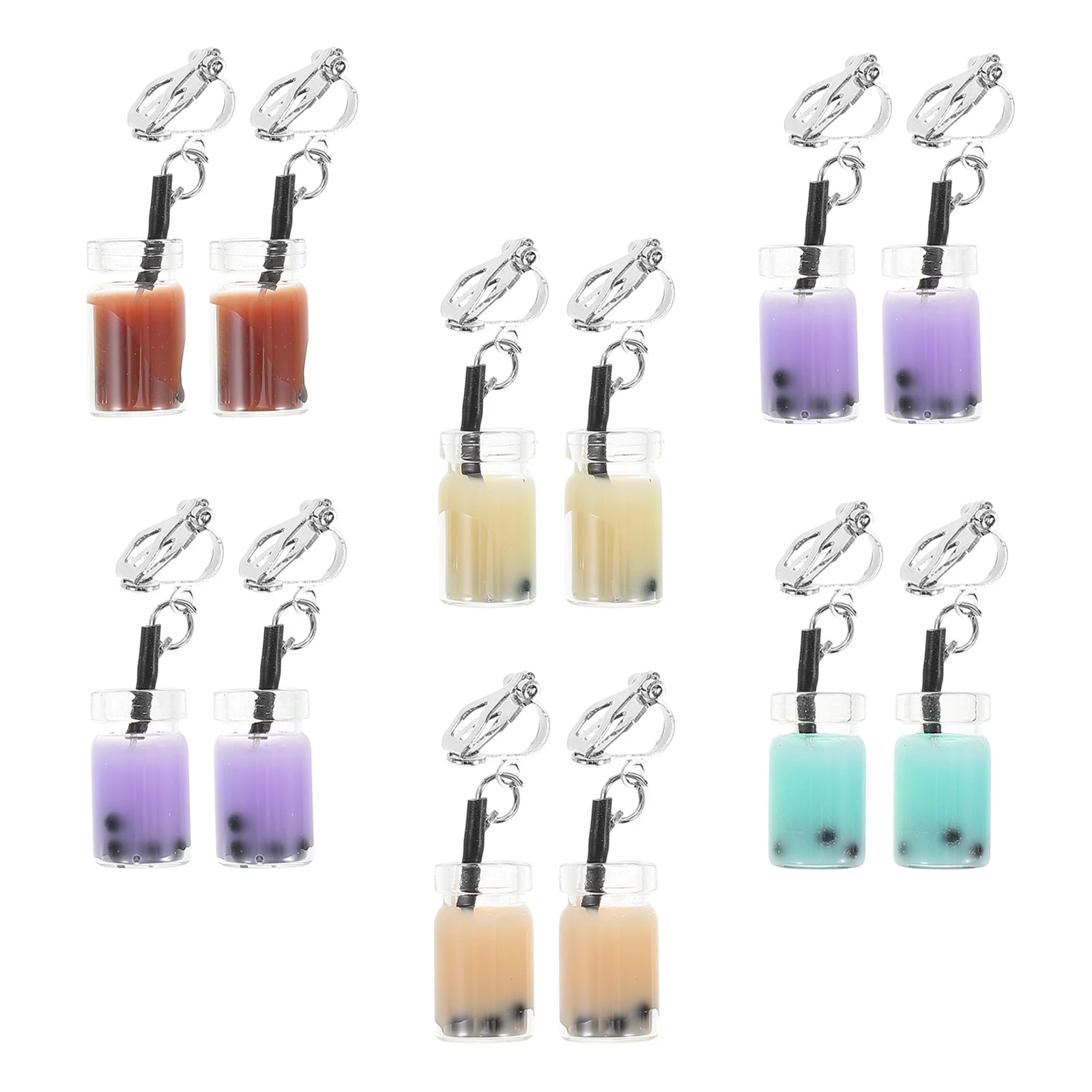 6 Pairs Ear Pearl Milk Tea Clip Miss Earrings for Women Studs Cherry Plastic Material Fruit Dangler