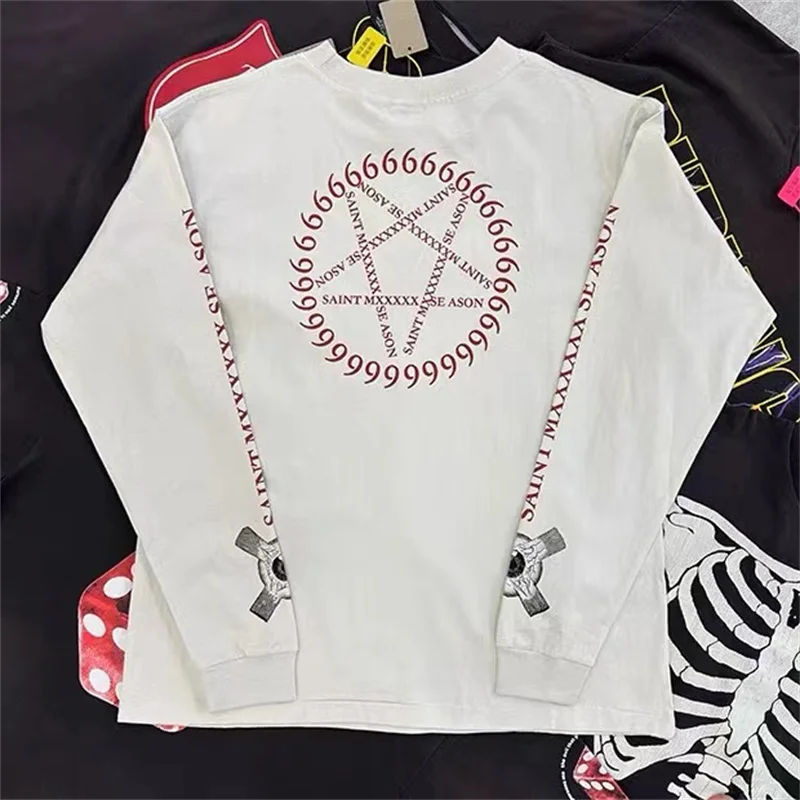 Street Hip Hop Fashion Pattern Print T-Shirt Long Sleeve Vintage Loose Men Women Best Quality Washed Cotton Tops T Shirt