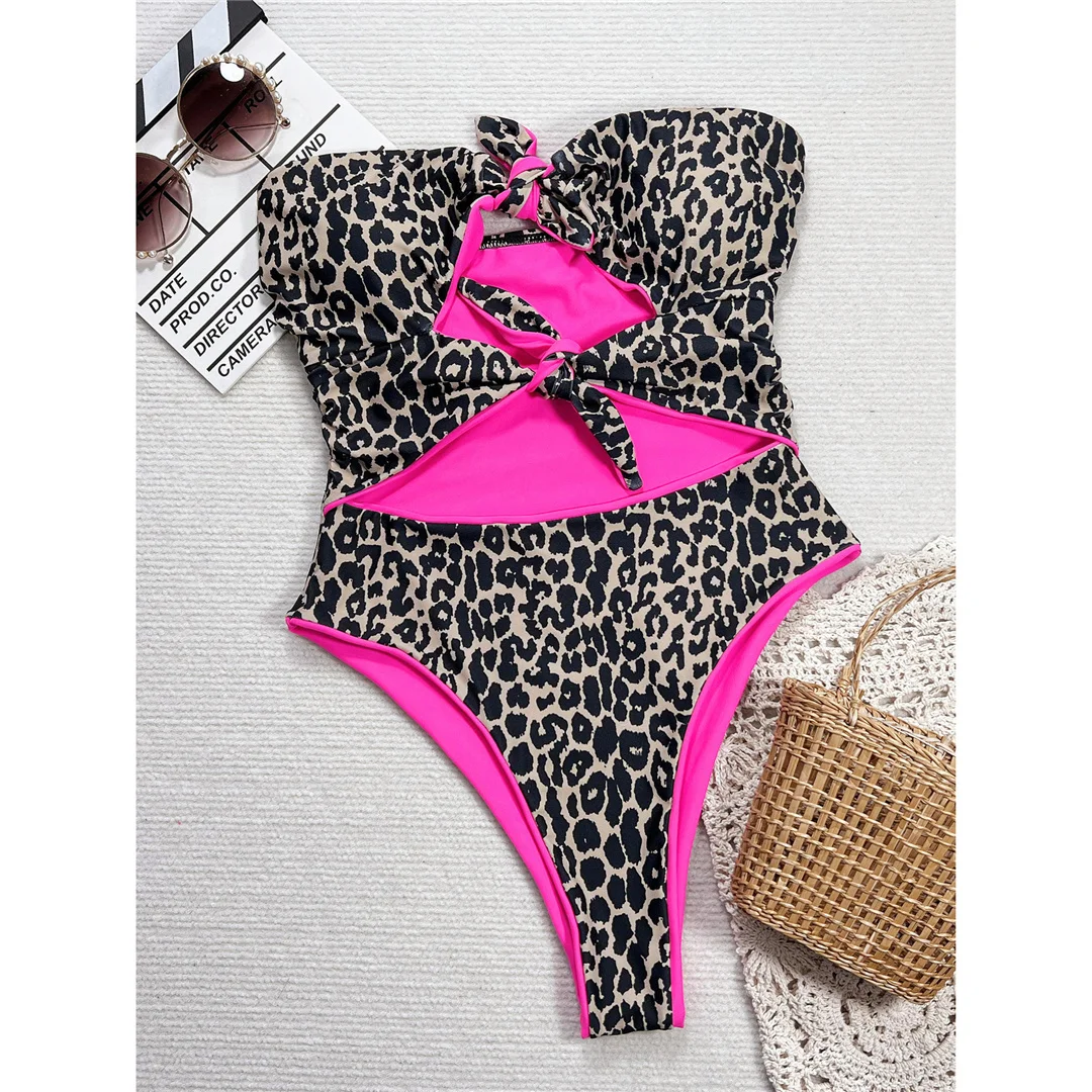 Leopard-Bandeau-Badeanzug mit Ausschnitten und Knoten, einteiliger Badeanzug für Damen, Badebekleidung für Frauen, Monokini mit hohem Beinausschnitt, Badeanzug, Schwimmanzug V7151 – Detail 4