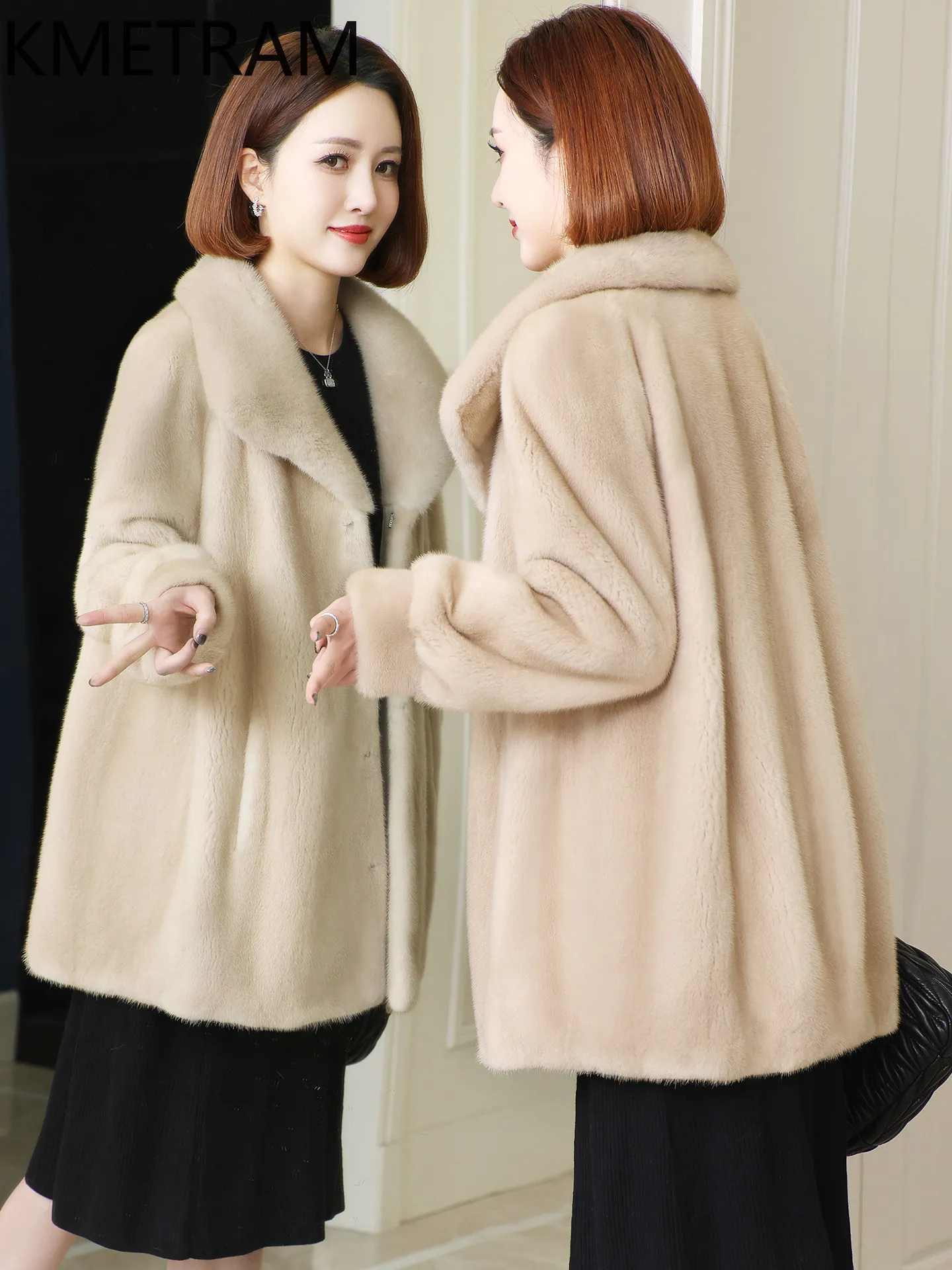 KMETRAM Real Velvet Whole Mink Fur Jacket Women Fashion Mid-Length Lapel Coats 78cm Winter Warm Fur Coat Woman Clothing 2026 자켓