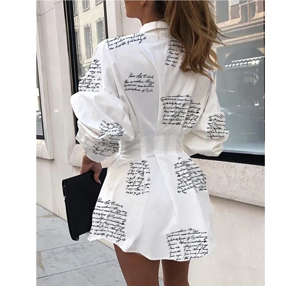 2022 Office Lady Defined Waist Mini Dress Autumn Fashion Women Printed Shirt Dress Long Puff Sleeve Turn-down Collar Dress