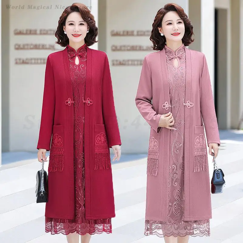 Vestido de fiesta de boda para madre, conjunto de abrigo Cheongsam elegante, Qipao largo de encaje con temperamento a la moda, trajes tradicionales orientales de lujo
