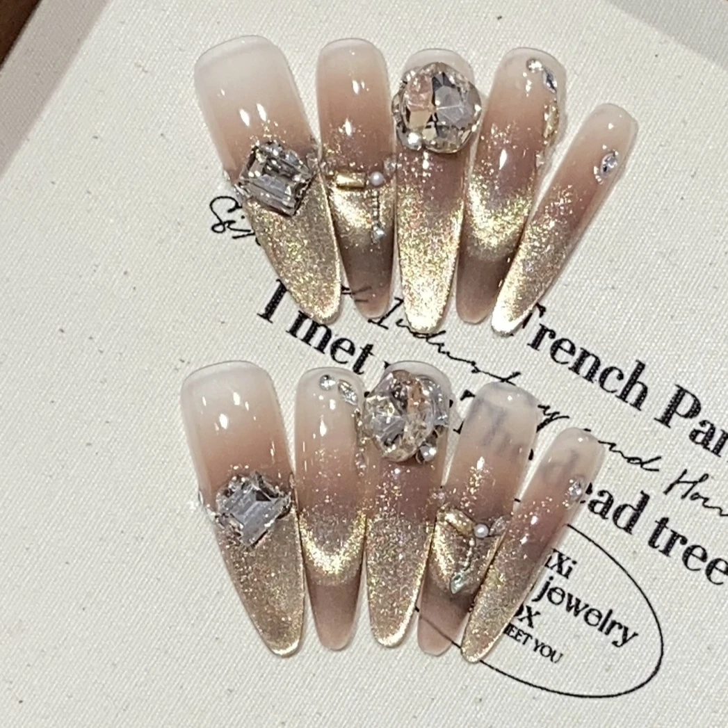 

10 шт., длинные ногти ручной работы, градиент, золотой дизайн «кошачий глаз», блестящий алмазный жемчуг, модные ногти, овальные туфли на шпильке, пресс на ногтях
