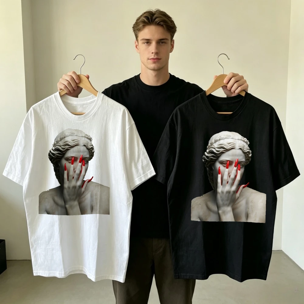 Creative Sculpture Red Nails Print T-shirt Men Street Style Graphic Top Casual Short Sleeve Tee Hip Hop Aesthetic Design Clothes