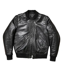 Black Winter MA1 Pilot Leather Jacket Men Military Style Plus 5XL Genuine Natural Sheepskin Thick Warm Flight Leather Coat