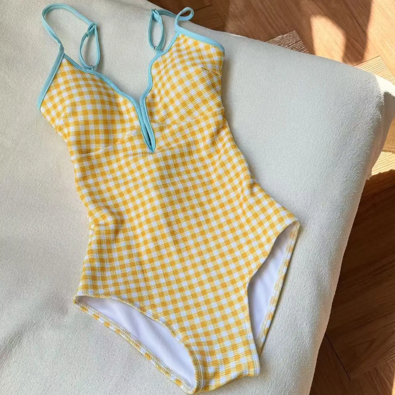 

2025 Women's Swimsuit Cute Yellow & Blue Checkered One-Piece & Bikini Set Slimming Bathing Suit Vintage High Waist Swimwear Ropa