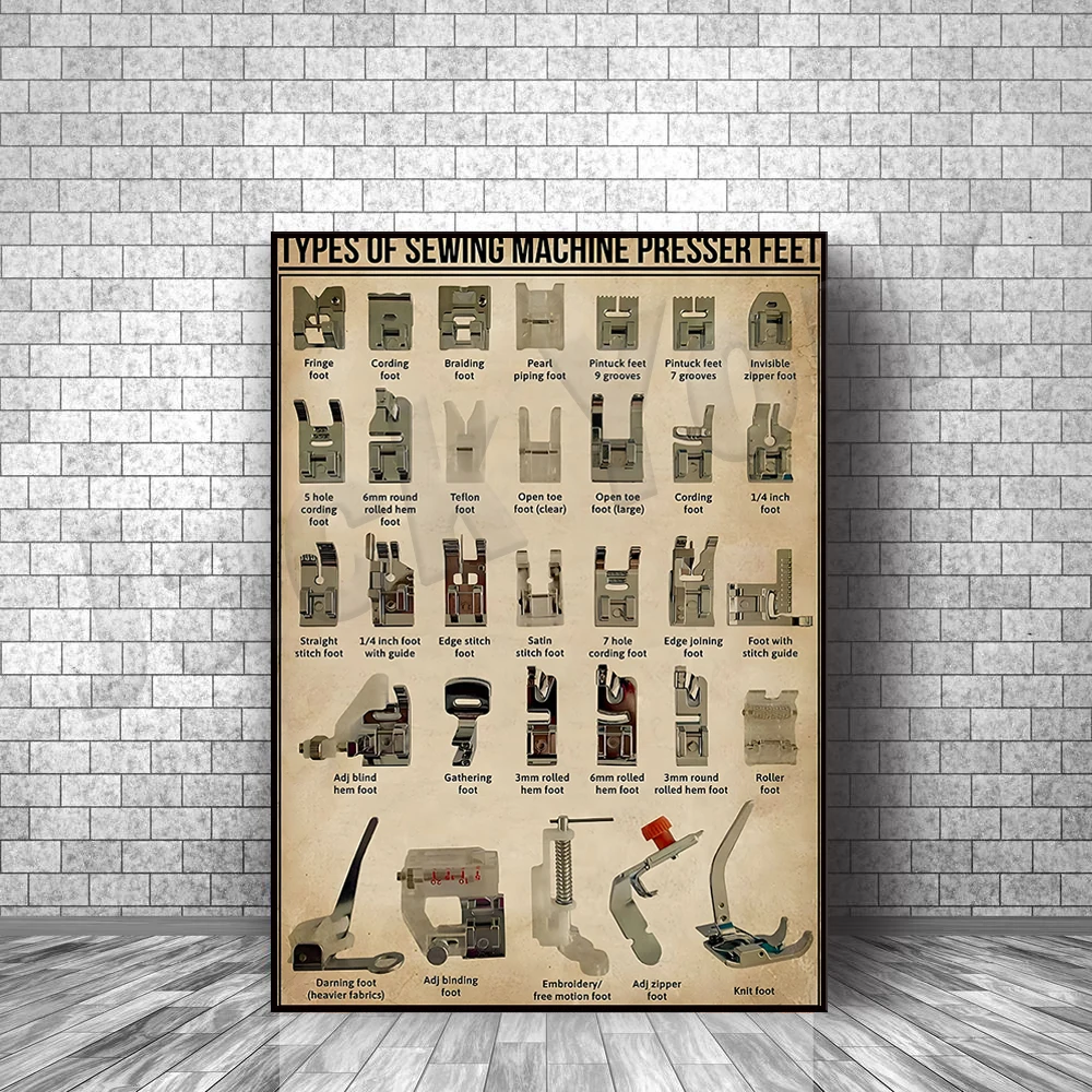 Types of Sewing Machine Presser Foot, Knitting Knowledge Vintage Poster Learning Guide Knitting Home Sewing Room Store Wall Deco