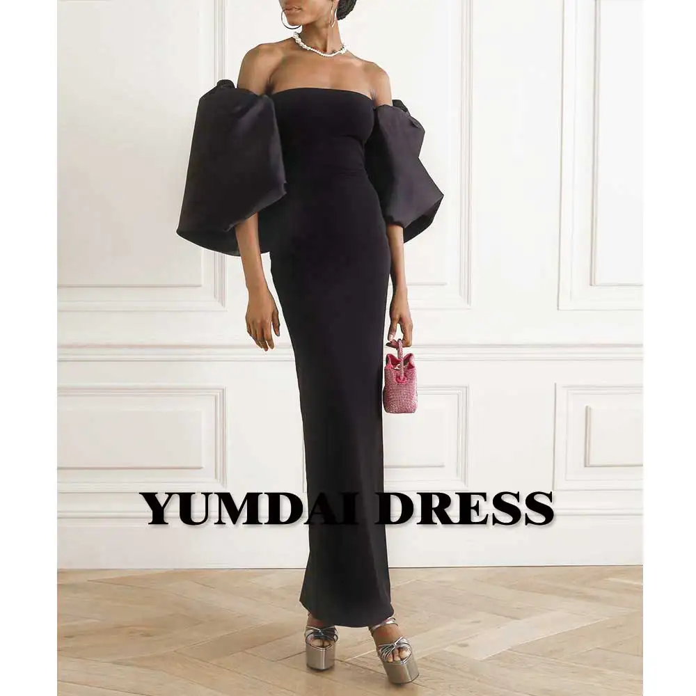 YUMDAI Black Tight Fishtail Gown Sexy One-shoulder Cocktail Dress High-end PROM Birthday Salon Party Satin Puffy Sleeve Dress