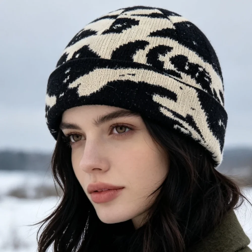 Neue Unisex Outdoor Skull Cap, modische geometrische Druckmuster, schicke Wintermützen im Seemannsstil für Herren und Damen, Herbst-Ski-Beanie-Mütze – Detail 4