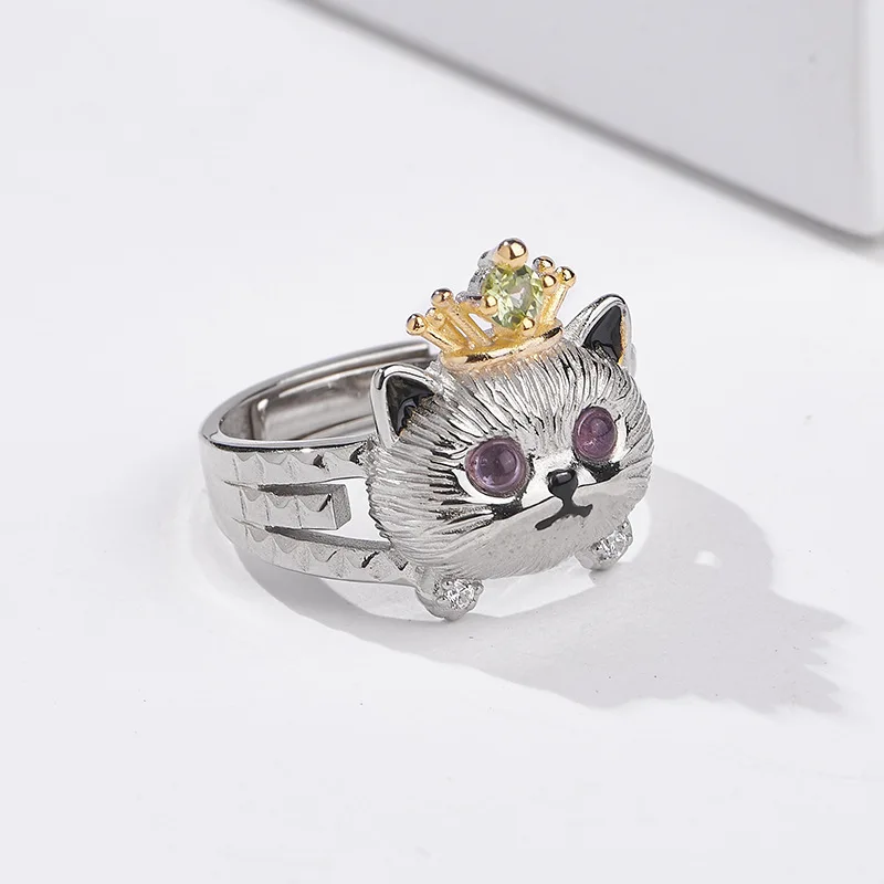 BOCAI New S925 Pure Silver Light Luxury Cute Set With Olivine Cute Pet Kitten Engagement Ring Women's Selected Gift