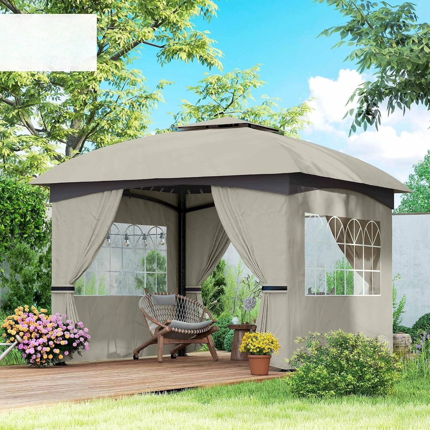 Outdoor Patio Gazebo, Garden Canopy Shelter Tent, Backyard Lawn Deck Porch, Sun Protection Windproof Curtains Water Resistant Top, Modern Minimalist Style, Light Gray, 1 Piece
