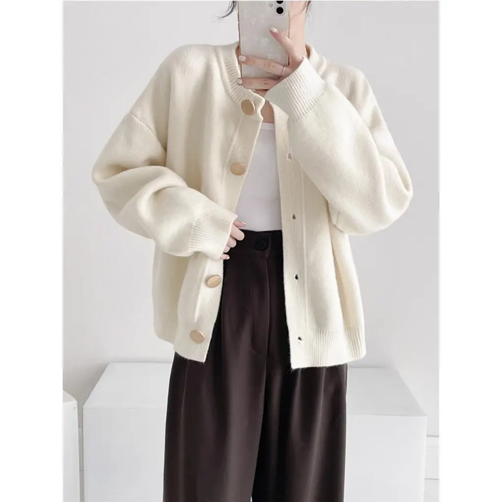 

Women's round Neck Solid Color Knitted Cardigan Loose Fit Casual Sweater Coat Soft Waxy Lazy Style for Autumn Winter