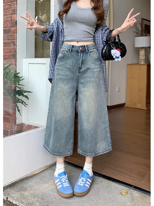 

Retro High Waist Straight Leg Jeans Women's Spring 2026 Casual Wide Leg Pants Blue Eighteen Pants Pocket Design Casual Style