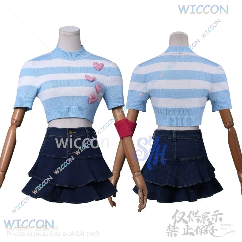 أنيمي فوز كلوب تأثيري بلوم زي جيراي كي الفتيات ريترو مخطط محبوك القلب جميل تي شيرتات قصيرة الاكمام فستان قصير كوس #3