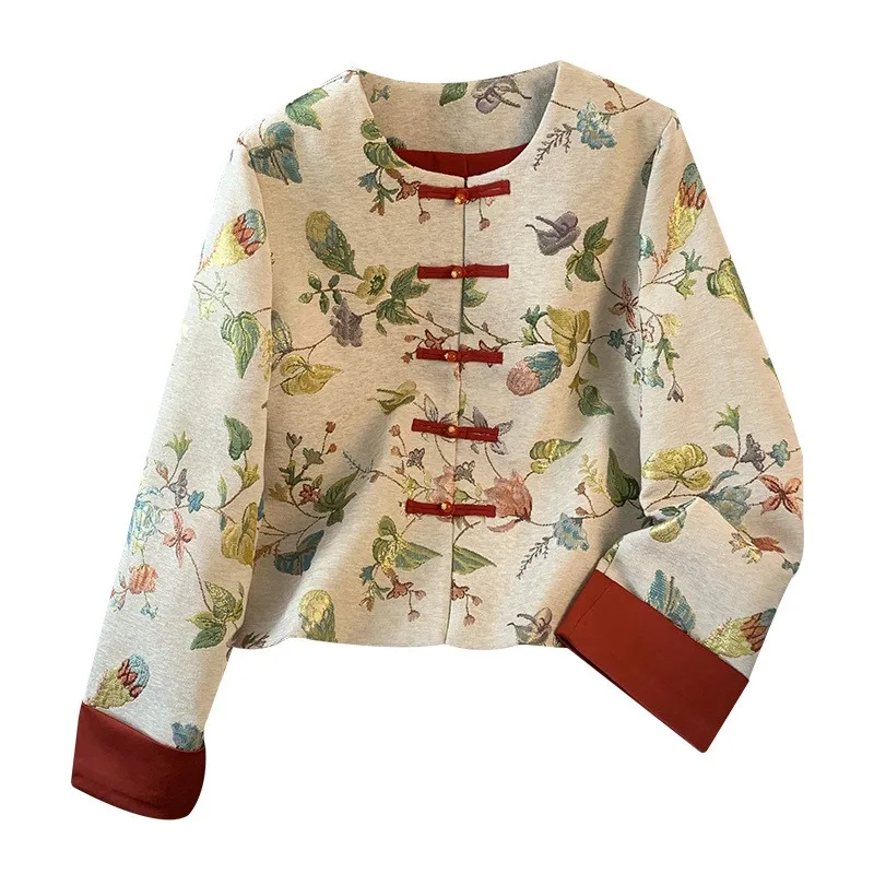 สไตล์จีนใหม่ปรับปรุงขนาดเล็กรอบคอ Hanfu ผ้าถาดปุ่ม jacquard เย็บปักถักร้อยหนักเสื้อเสื้อสเวตเตอร์ถัก