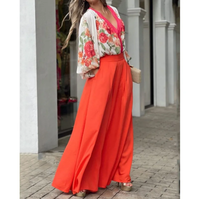 

2025 Spring Elegant Women's fashion Flower Print printing loose large V-neck shirt high waist wide leg pants suit