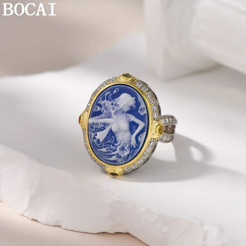 BOCAIS925 Sterling Silver Ring for Women Blue Agate White Shell Full Zircon Beauty Relief Portrait New Fashion Jewelry Wholesale