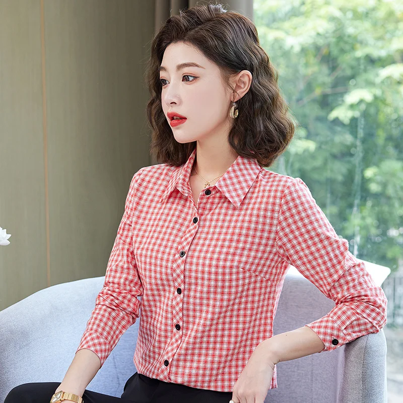 Camicia Slim Fit in cotone a maniche lunghe da donna in puro cotone di nuova moda primavera e autunno per il tempo libero Versatile Plaid Bottom Top Lady