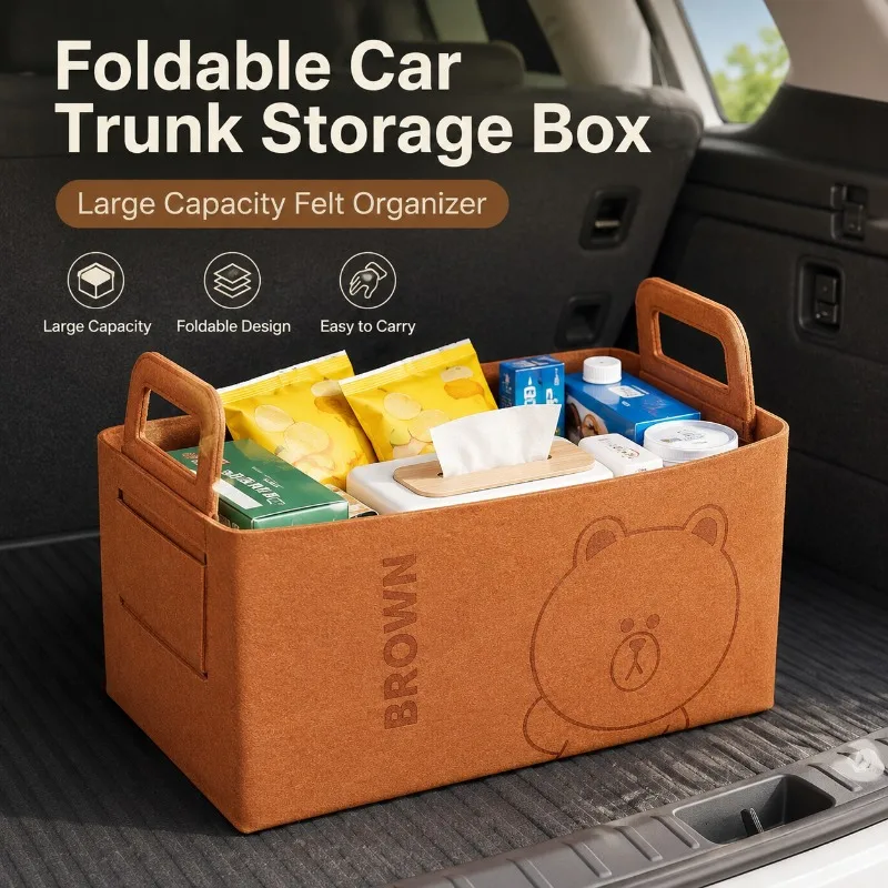 Large Foldable Felt Storage Box 20L Cute Bear Car Trunk Organizer with Handles for Snacks Toys Groceries and Home Essentials