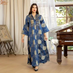Ramadan Dubai Embroidery V-Neck Abaya For Muslim Women's Beading Floral Print Kaftan Moroccan Polyester Dresses