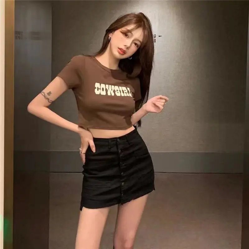 Summer Fashion Short Sleeve T-Shirt Women Simple Casual Soft Basic Crop Tops Punk Cowgirl Letter Print Tees Skinny Tops
