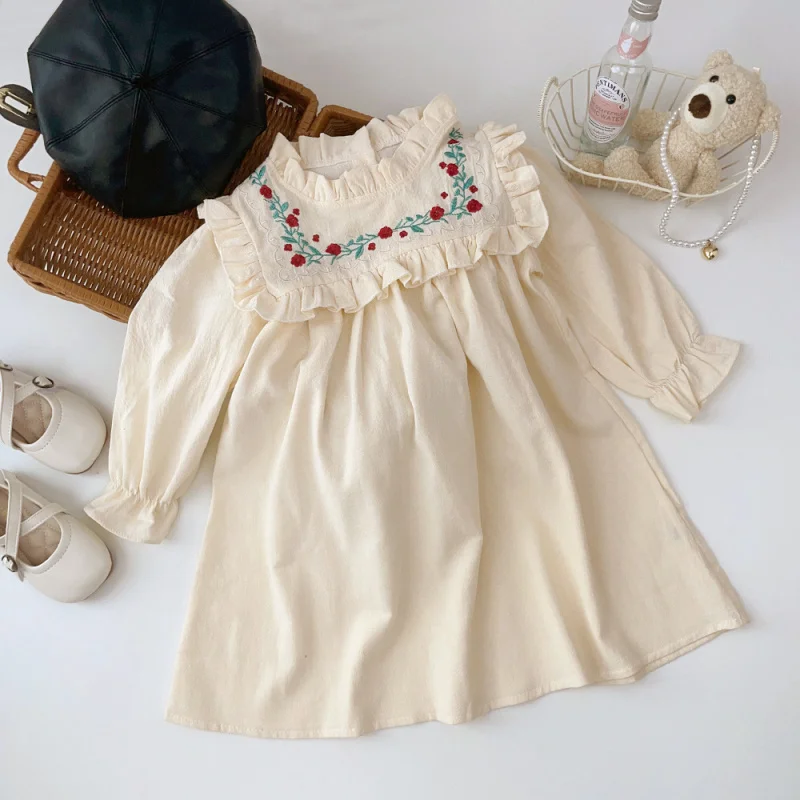 

French Embroidery Flower Stand Collar Girls Dress Autumn Ruffled Long Sleeve Girls Princess Skirt Wholesale
