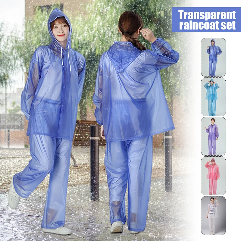 PVC Full Rain Suit Outdoor Cycling Hiking Waterproof Hooded Rain Coat Unisex Camping Waterproof Two-Piece Raincoat Trouser