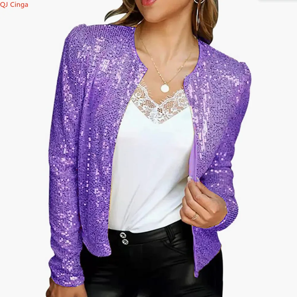 Autumn Women's Light Purple Long-Sleeve Cardigan Jacket with Round Sequins Available in Gold, Blue, Red, Silver, Black, Green.