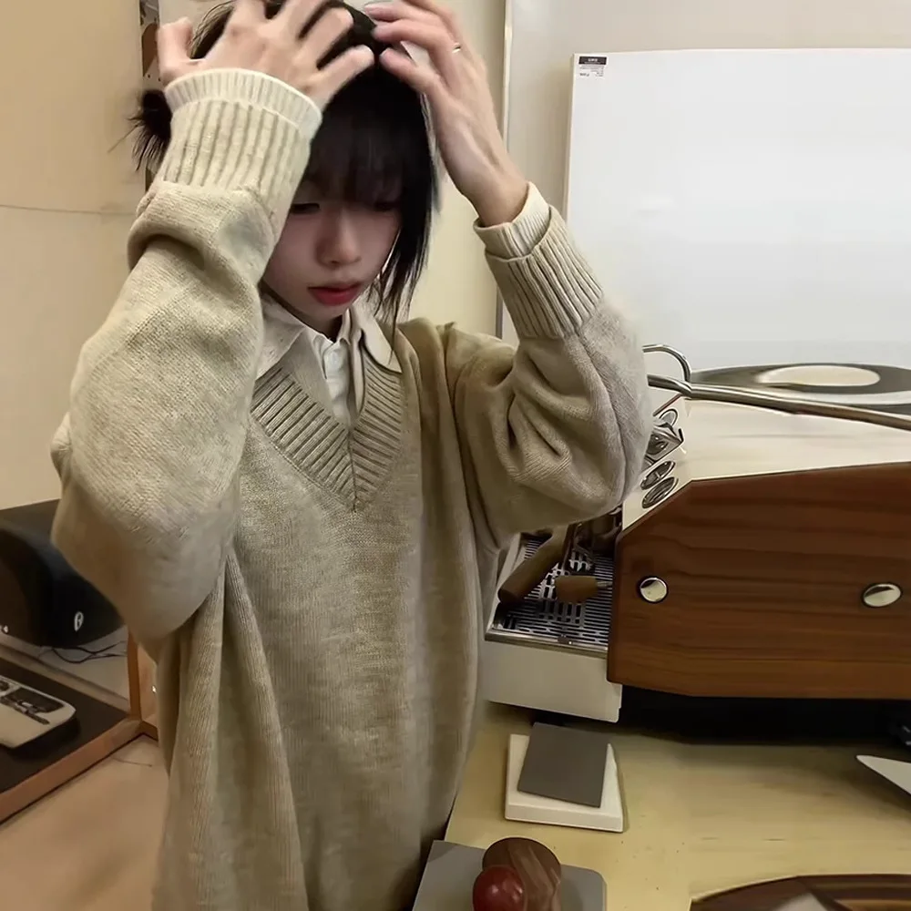 Men's Women Winter Vintage Fake Two Piece V Neck Sweater Lapel Style Knitting Top Outerwear