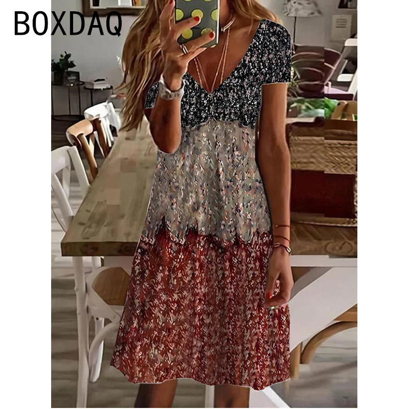 

Retro Elegant Women's Dress 3D Floral Gradient Splice Mini Drees Summer Short Sleeve V-Neck Casual Dress Big Size Vestidos