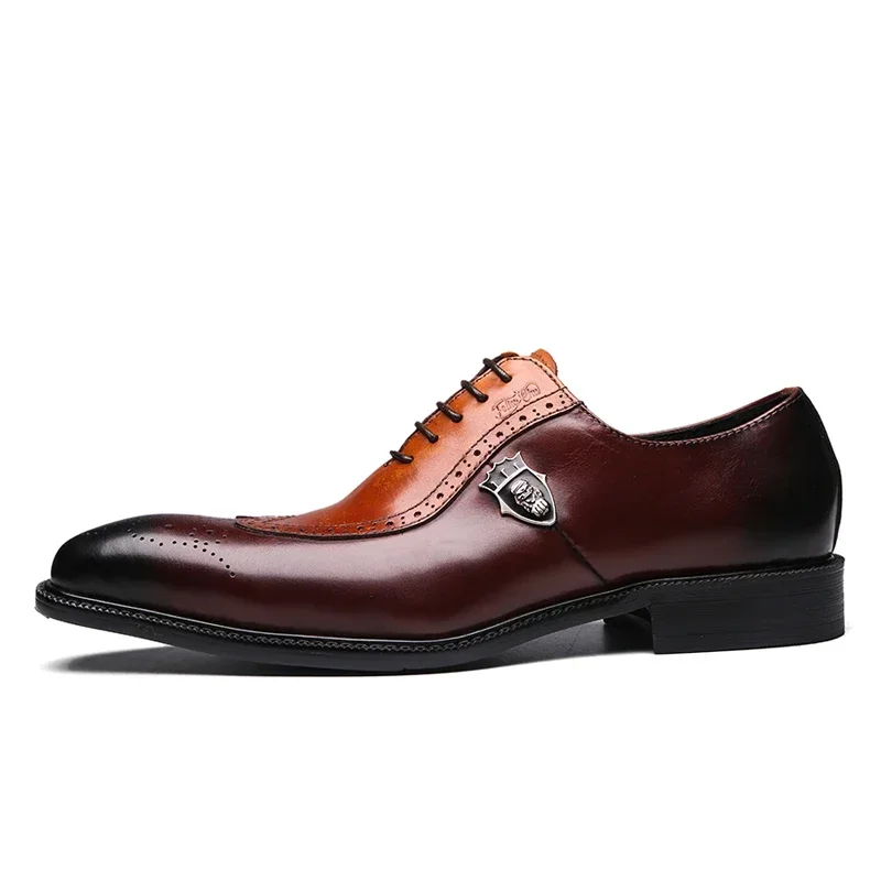 Classic Men's Brogue Oxford Dress Shoes Luxury Genuine Brown Cow Leather Pointed Toe Lace-Up Wedding Party Formal Shoe for Men