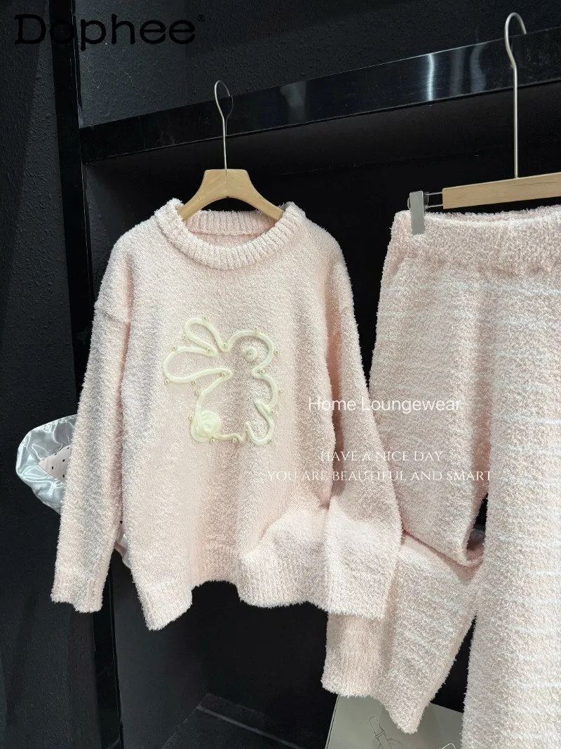 

2025 Autumn New Japanese Style Ins Sweet Girl Cute Warm Round Neck Long Sleeve Pajamas Women Coral Fleece Casual Homewear Set