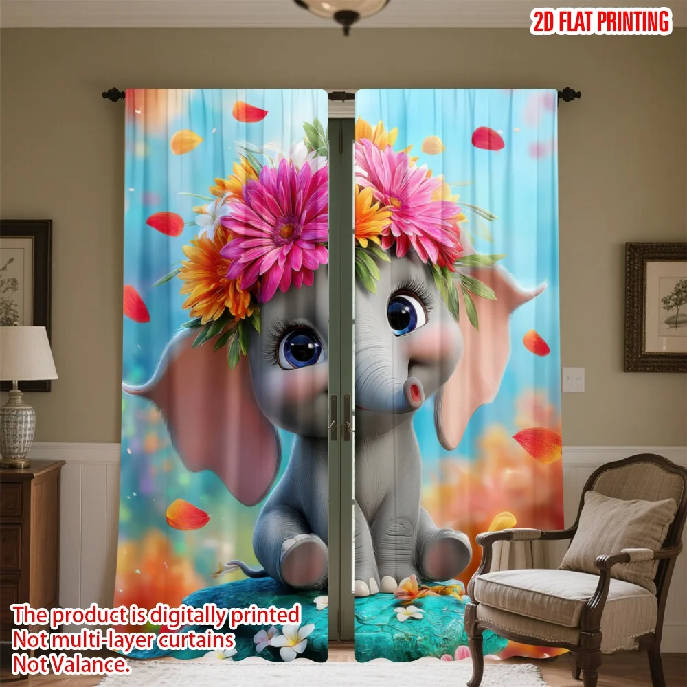 

2D flat printing 2pcs Scene Curtain Spring Elephant with Flowers Digital Printed Polyester Drapes Holiday Decorations for